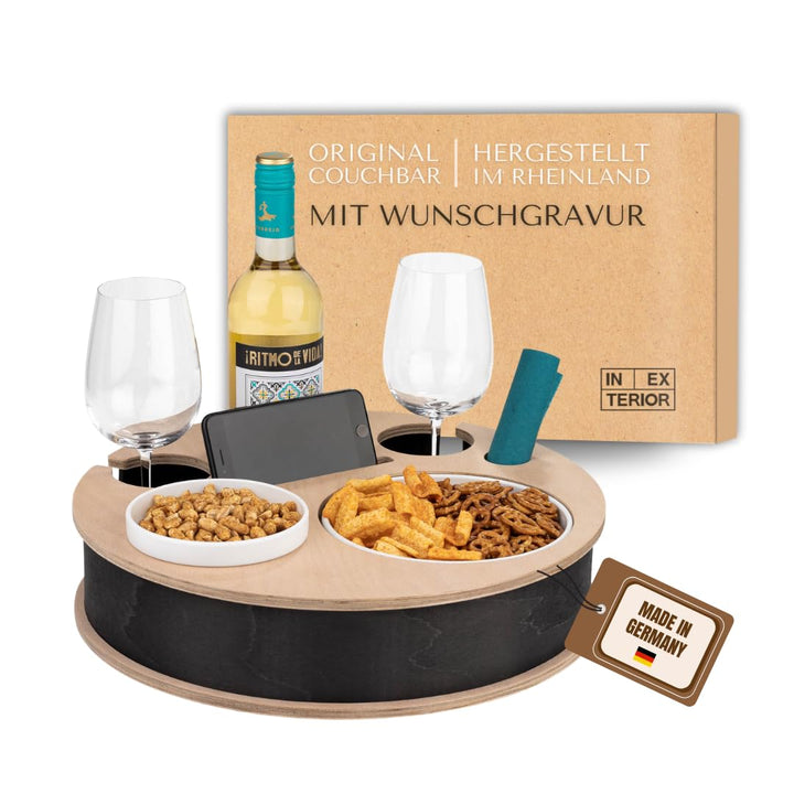 INEXTERIOR – Couchbar RundumBar handgefertigt aus Holz in Schwarz mit Wunschgravur – Runde Snack Box