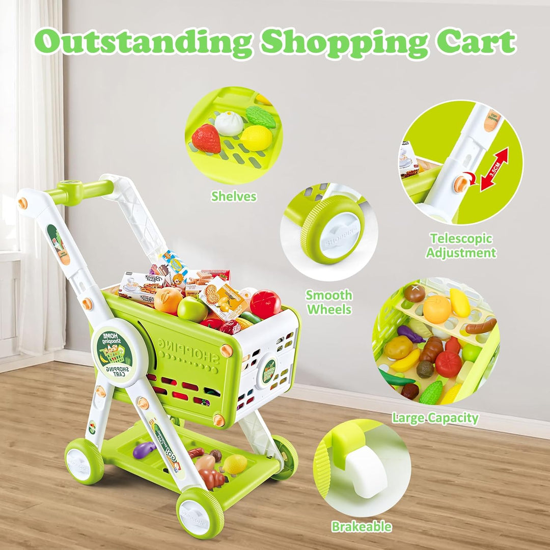 Supermarkt Einkaufswagen für Kinder, 31PCS Einkaufswagen Spielzeug mit Obst Gemüse Kaufladen Zubehör
