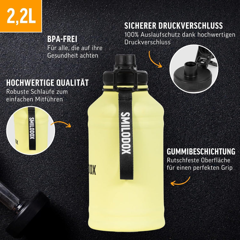 SMILODOX Edelstahl Trinkflasche 2,2 Liter - Extra Stark Sport & Fitness Wasserflasche mit Druckversc