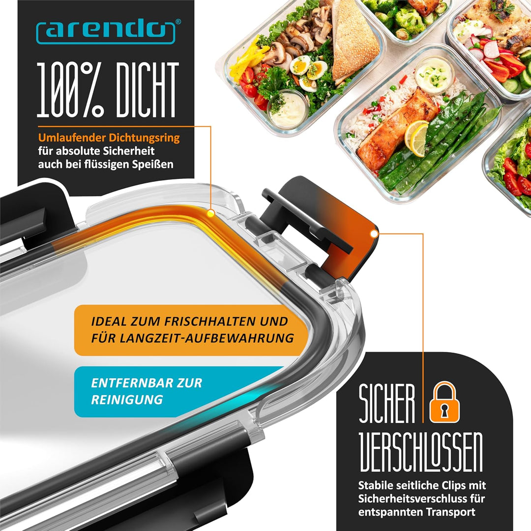 Arendo - Glas Frischhaltedosen Vorratsdosen für Lebensmittel mit Deckel luftdicht - 5er Set - 1000 m
