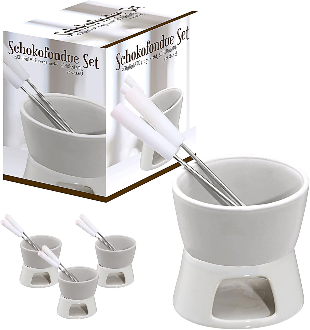 4 x Keramik Schokofondue Set Fondue-Set Schokolandenfondue weiss inkl. 2 Edelstahlgabeln (4 x Schoko