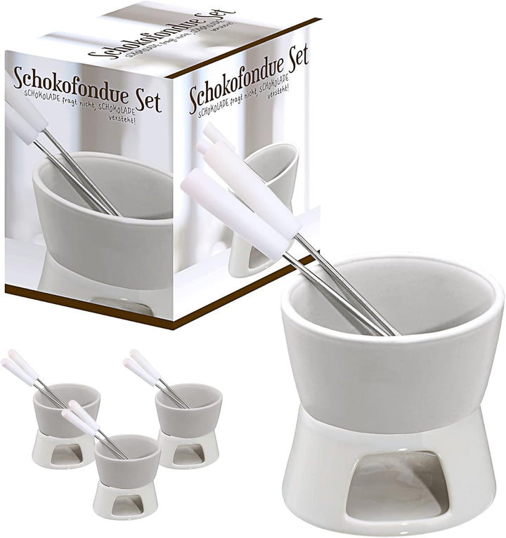4 x Keramik Schokofondue Set Fondue-Set Schokolandenfondue weiss inkl. 2 Edelstahlgabeln (4 x Schoko