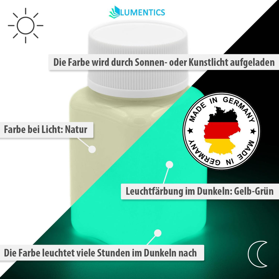 LUMENTICS Premium Leuchtfarbe GelbGrün 100g - Im Dunkeln leuchtende Malfarbe, Nachleuchtfarbe, nachl