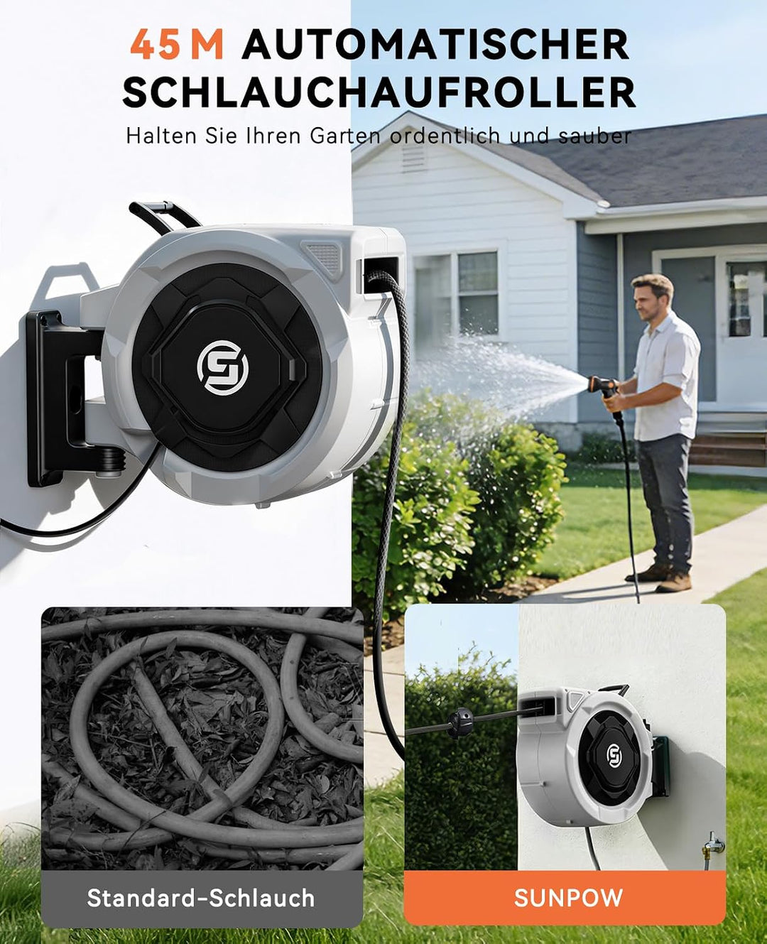 SUNPOW automatische Schlauchtrommel Wasser – 13mm x45m mit Gartenschlauch, zur Wandmontage, 10-Funkt
