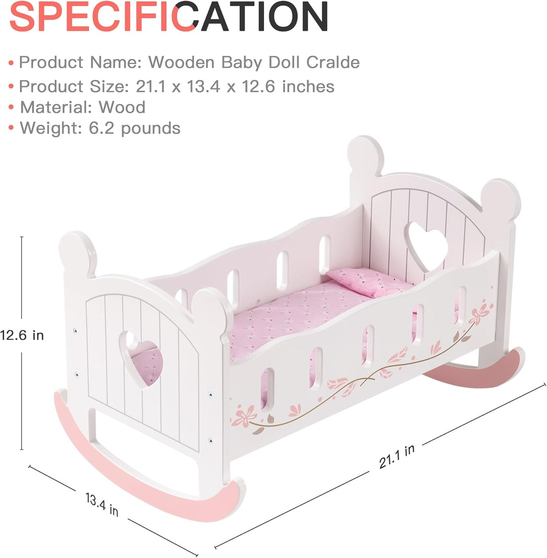 ROBUD Puppenwiege aus Holz, Puppenbett, Weiss, Wiegebett für Puppen, inklusive Bettwäsche，18 Zoll