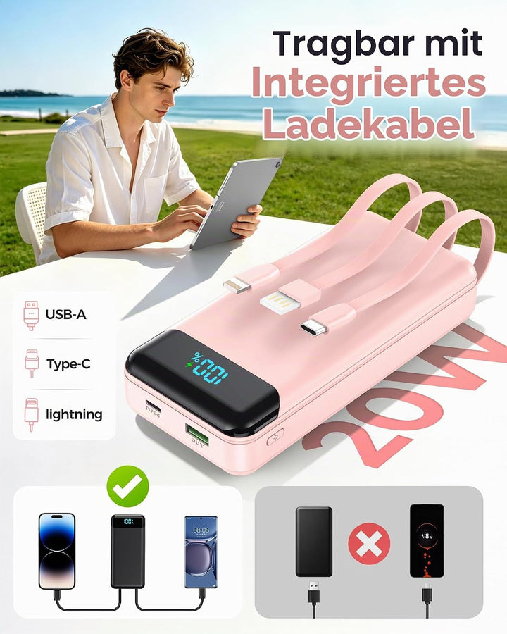 Enerwow Power Bank 27000mAh 22.5W Schnellladen mit Integriertem USB-C Kabel | Externer Akkupack 4 Au