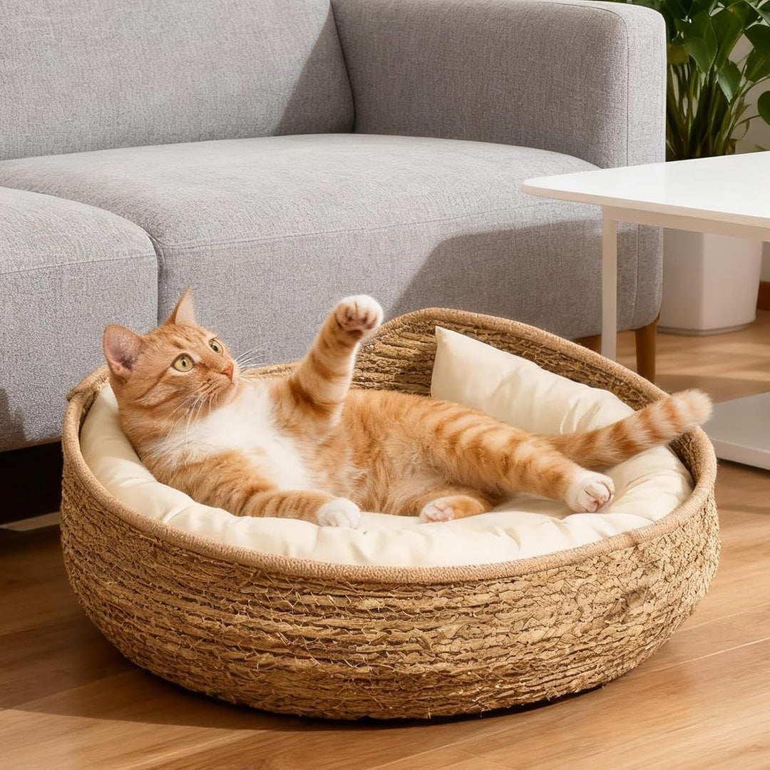 Geflochtenes Katzenbett | Geflochtener Katzenkorb Mit Kissen Und Polster,Bequeme Und Gemütliche Ents