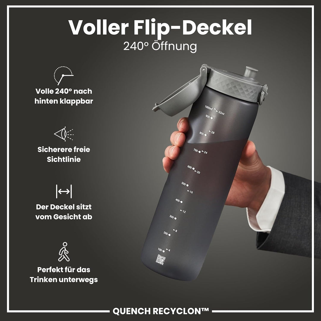 Ion8 1 Liter Trinkflasche, 1000ml, Auslaufsicher, Einhandöffnung, Sichere Verriegelung, Spülmaschine