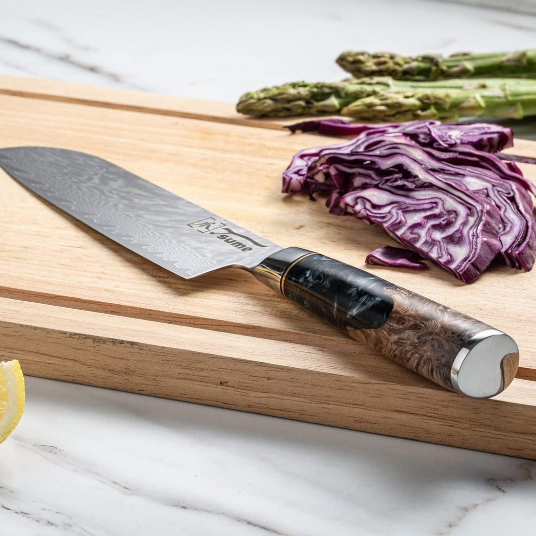Tsume Santoku Messer Onyx, Klingenlänge 19cm, Echtes Damast Küchenmesser, 67 Schichten VG10 Edelstah