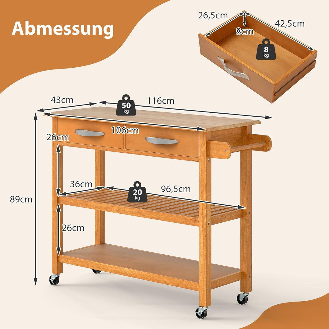 COSTWAY Küchenwagen Holz, Küchenschrank mit Rollen, Rollwagen mit Arbeitsplatte, 2 Schubladen, 2 off