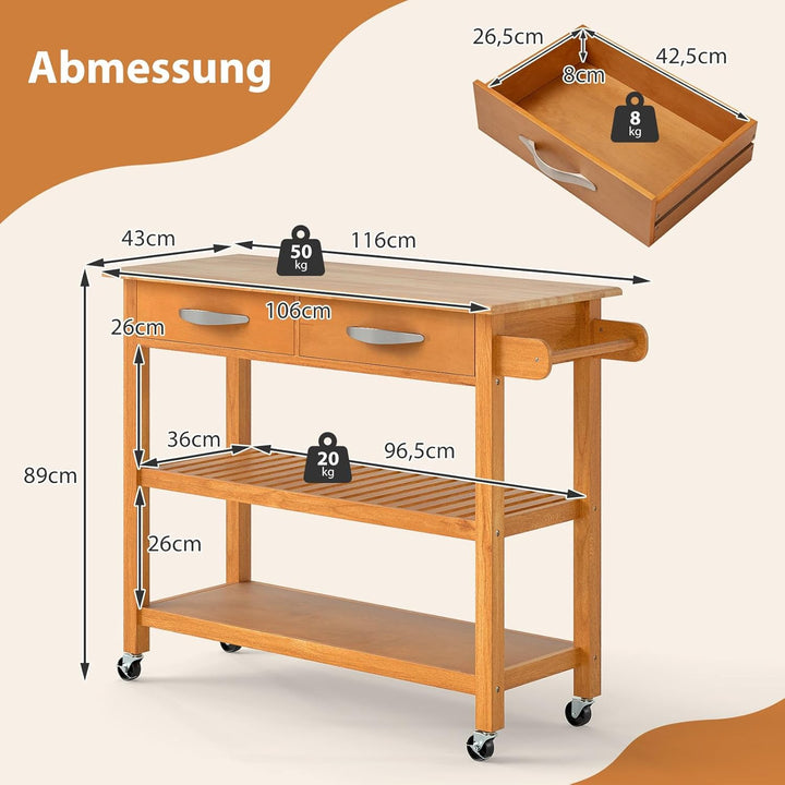 COSTWAY Küchenwagen Holz, Küchenschrank mit Rollen, Rollwagen mit Arbeitsplatte, 2 Schubladen, 2 off