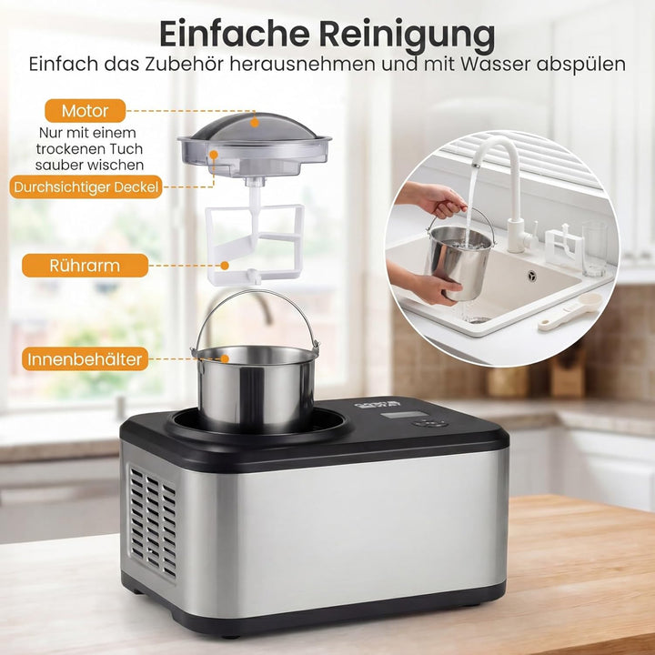 COSTWAY 2 in 1 Eismaschine mit Joghurtfunktion, Kompressor Eiscrememaschine 1,5 L für Eiscreme, Gela
