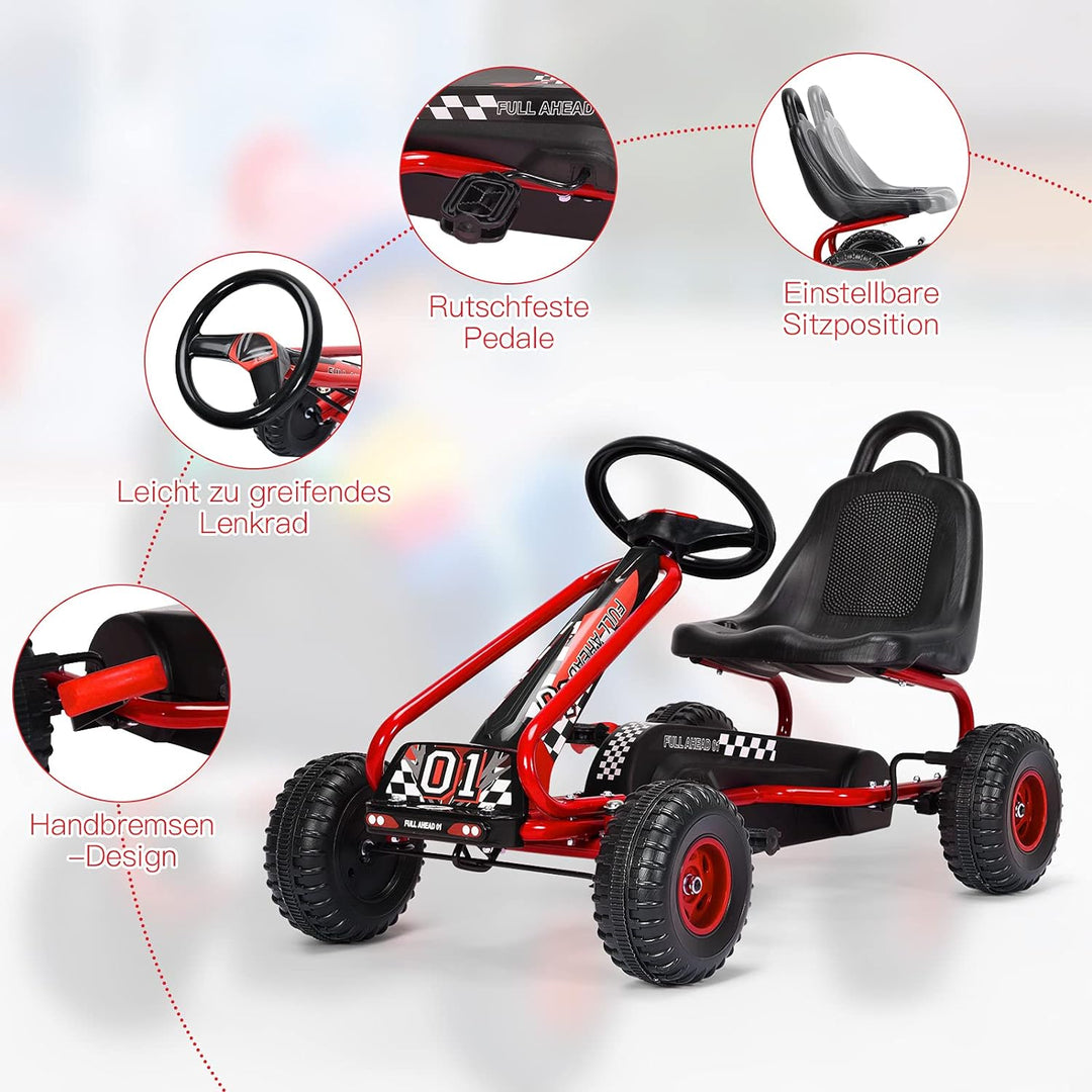 GOPLUS Gokart mit verstellbarem Sitz, Tretauto mit Handbremse und geschlossener Kettenabdeckung, Vor
