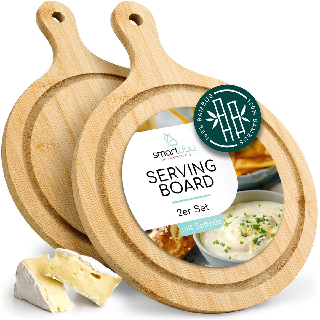 Schneidebrett Set Oval aus Holz, Holzbrett mit Griff I 2er Set Frühstücksbrettchen aus Bambus für di
