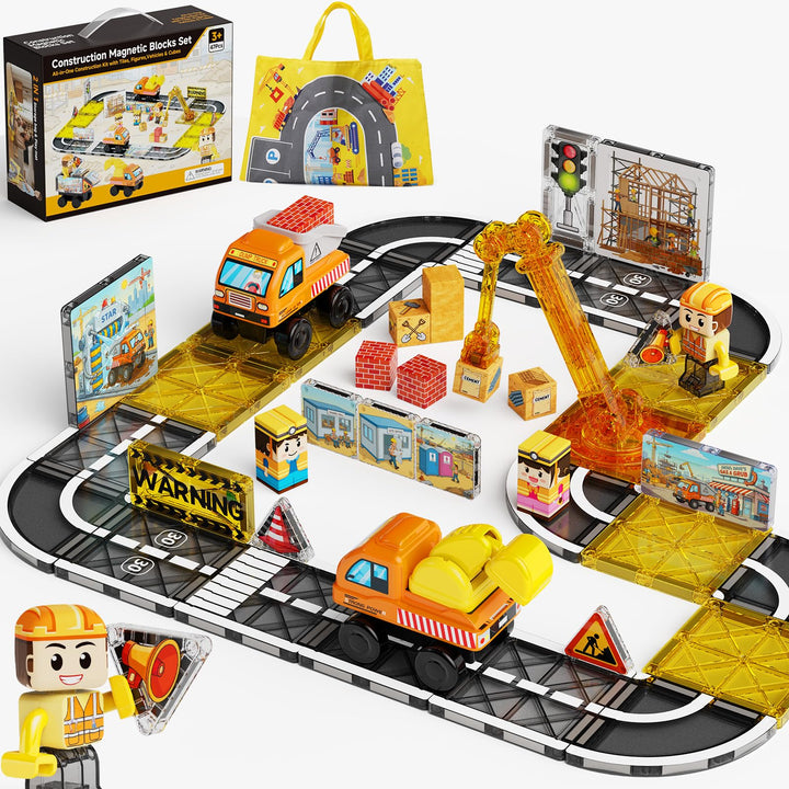 burgkidz Magnetische Bausteine Strassenset 47tlg: Baustelle für Jungen ab 3