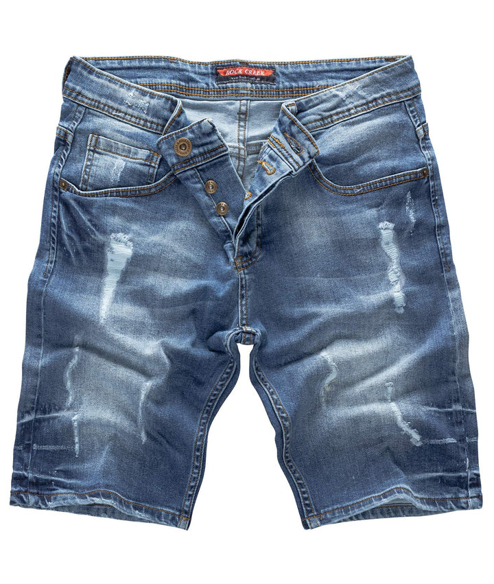 Rock Creek Herren Shorts Jeansshorts Denim Stretch Sommer Shorts Regular Slim M23 29W Destroyed Blau