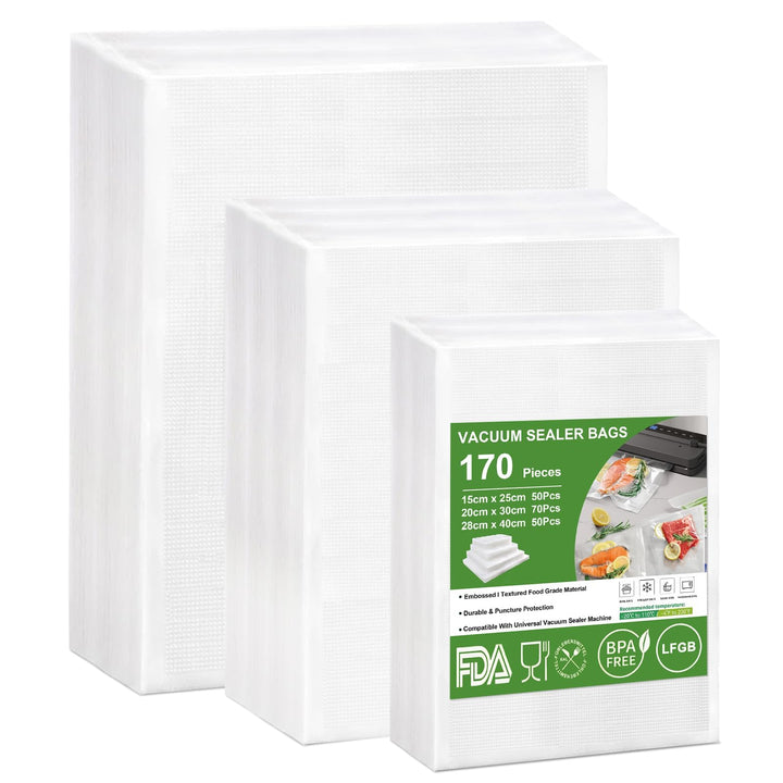 Omtofo 170 Beutel Vakuumierbeutel 15x25cm+20x30cm+28x40cm Geprägt, BPA-frei, Reissfest, Vakumiererge