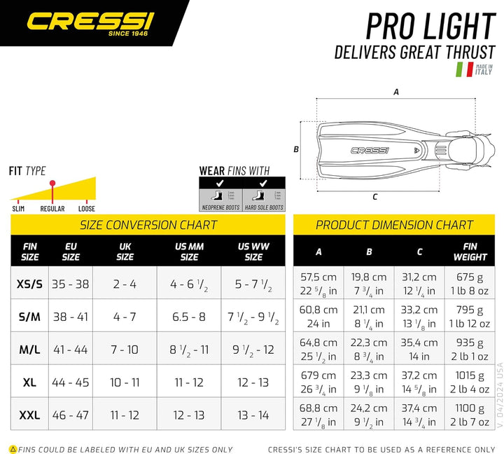 Cressi Pro Light Open Heel Tauchen Flossen XS/S (37/39) Schwarz/Gelb, XS/S (37/39) Schwarz/Gelb