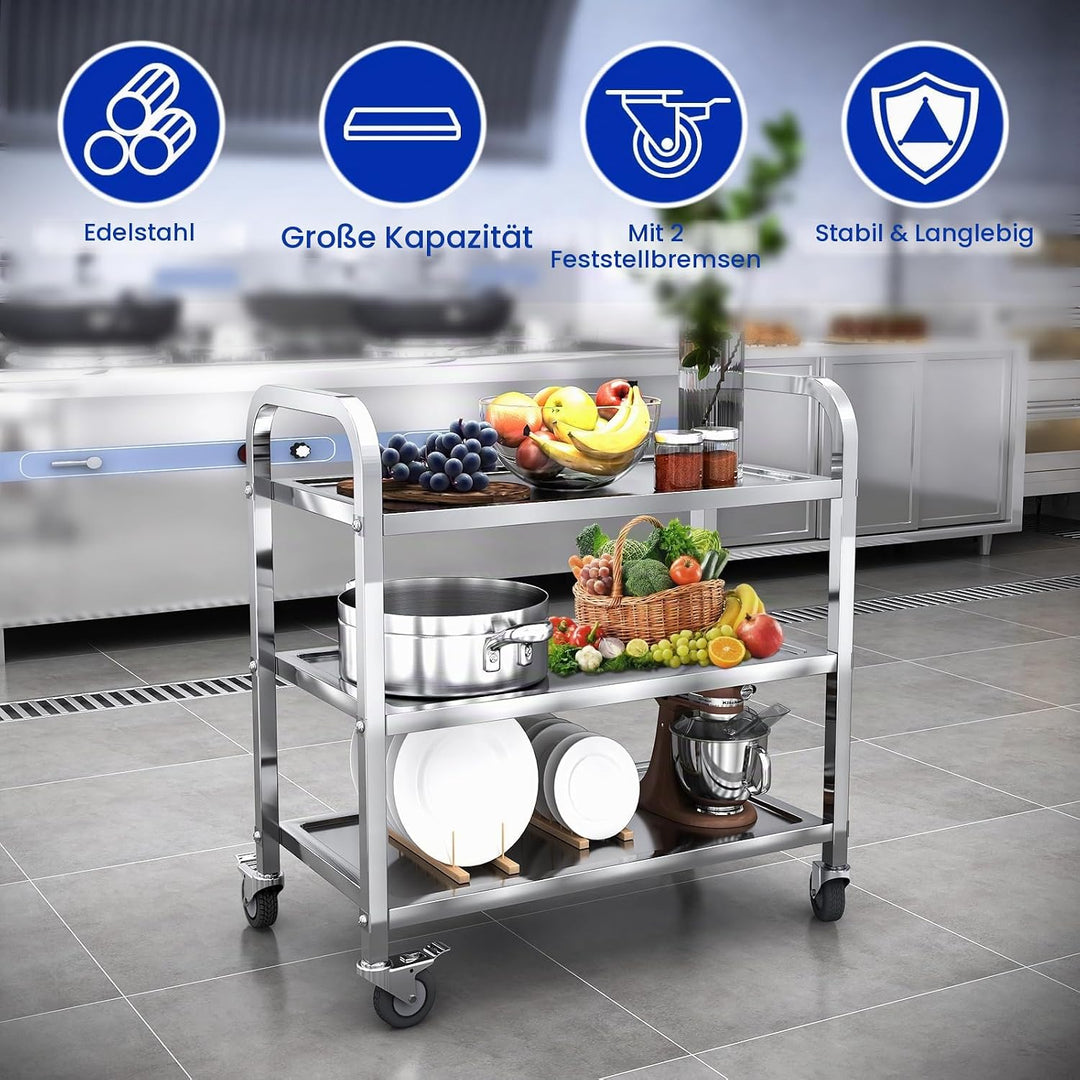 Servierwagen Küchenwagen Edelstahl Rollwagen Teewagen Transportabräumwagen Gastro Servierhilfe 3 Bor