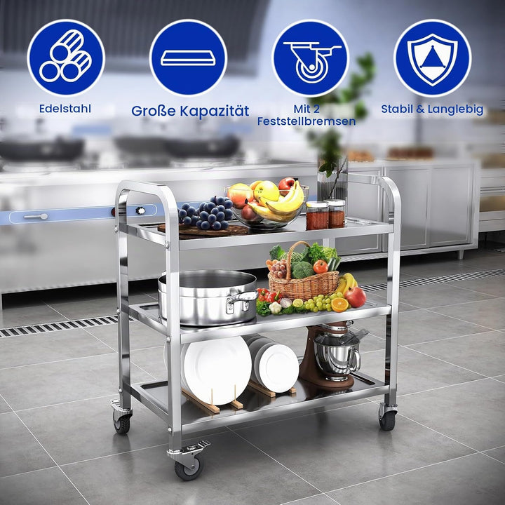 Servierwagen Küchenwagen Edelstahl Rollwagen Teewagen Transportabräumwagen Gastro Servierhilfe 3 Bor