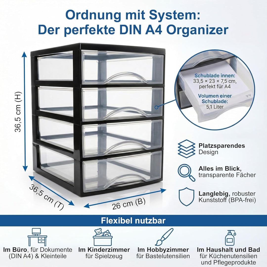 Hausfelder Schubladenbox A4 mit 4 Schubladen, 2er Set Büro Ordnungssystem für Schreibtisch, transpar