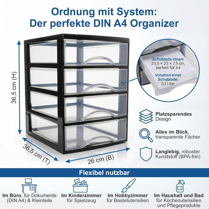 Hausfelder Schubladenbox A4 mit 4 Schubladen, 2er Set Büro Ordnungssystem für Schreibtisch, transpar