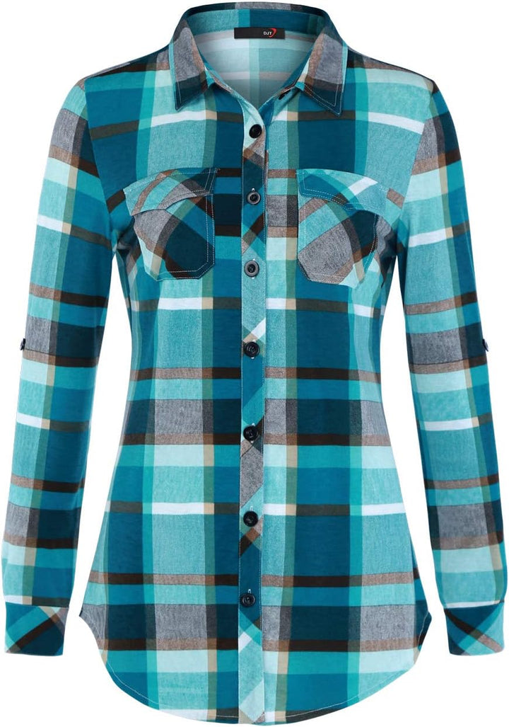 DJT Damen Weiches Gestrick Karierte Bluse Langarm 3/4 Roll Up Ärmel Hemdbluse Button-down Blusen Top