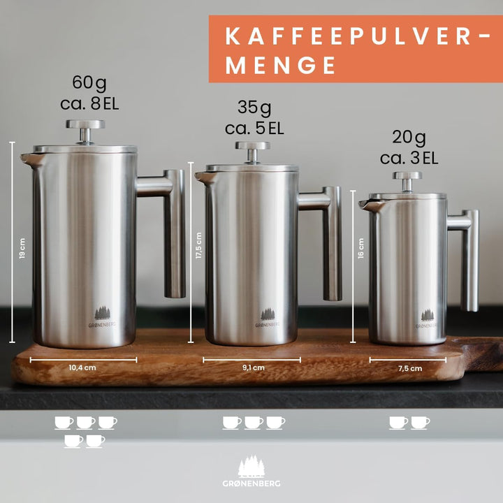 Groenenberg French Press aus Edelstahl | 0,6 Liter (3 Tassen) | Erhältlich in 3 Grössen | Thermo Kaf