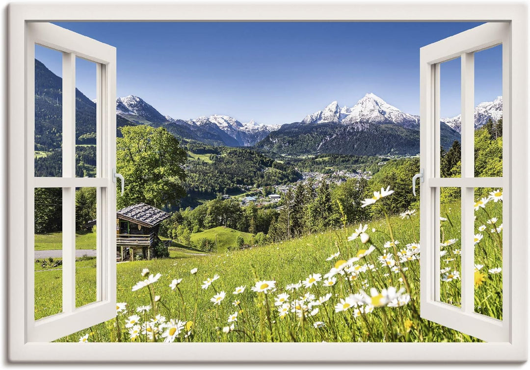 Artland Leinwandbild Wandbild Bild auf Leinwand 70x50 cm Wanddeko Fensterblick Fenster Alpen Landsch