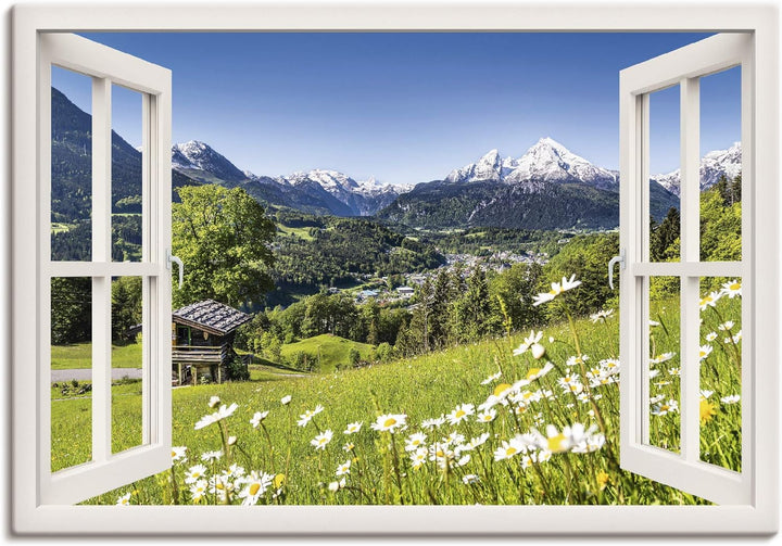 Artland Leinwandbild Wandbild Bild auf Leinwand 70x50 cm Wanddeko Fensterblick Fenster Alpen Landsch
