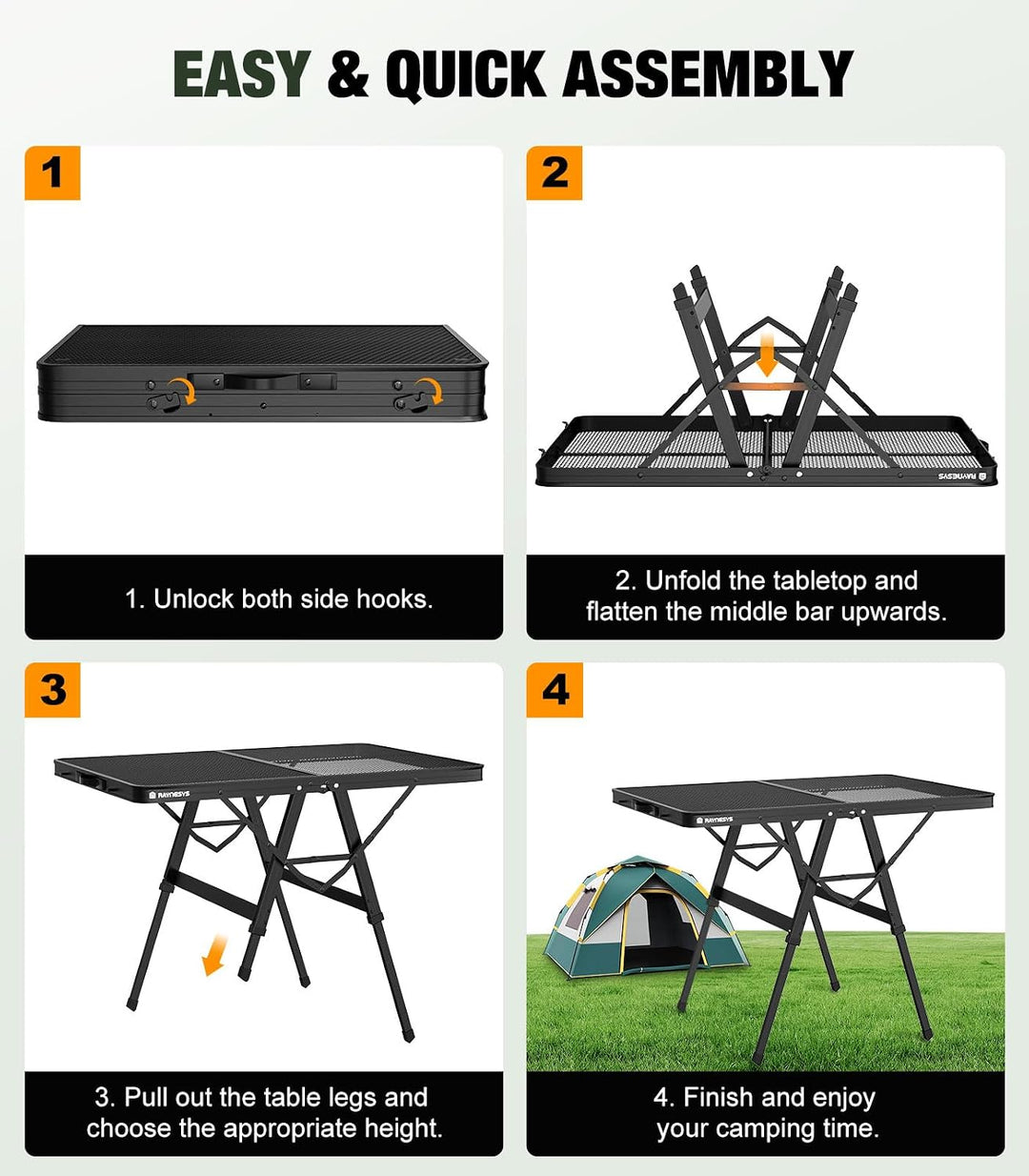 Raynesys Klappbarer Grilltisch mit Mesh-Tischplatte, 3ft Höhenverstellbarer Faltbarer Campingtisch a