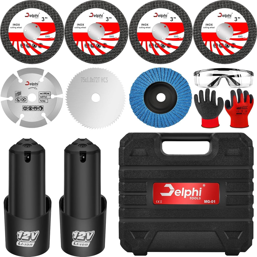 Delphi Mini Akku Winkelschleifer mit 2 Akkus und 7 Trennscheiben - Bürstenloser Mini Flex mit Zubehö