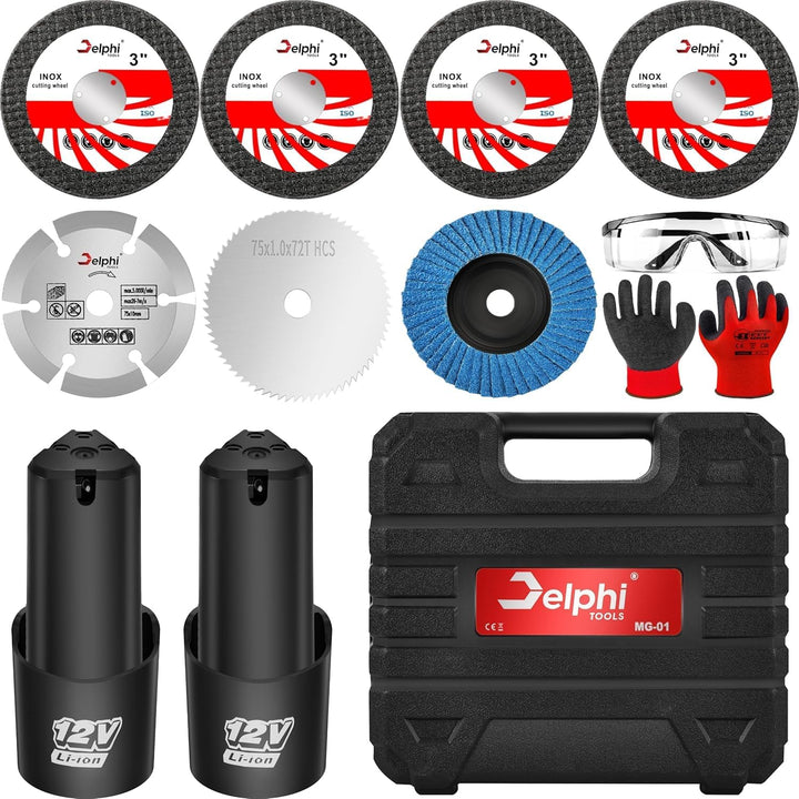 Delphi Mini Akku Winkelschleifer mit 2 Akkus und 7 Trennscheiben - Bürstenloser Mini Flex mit Zubehö