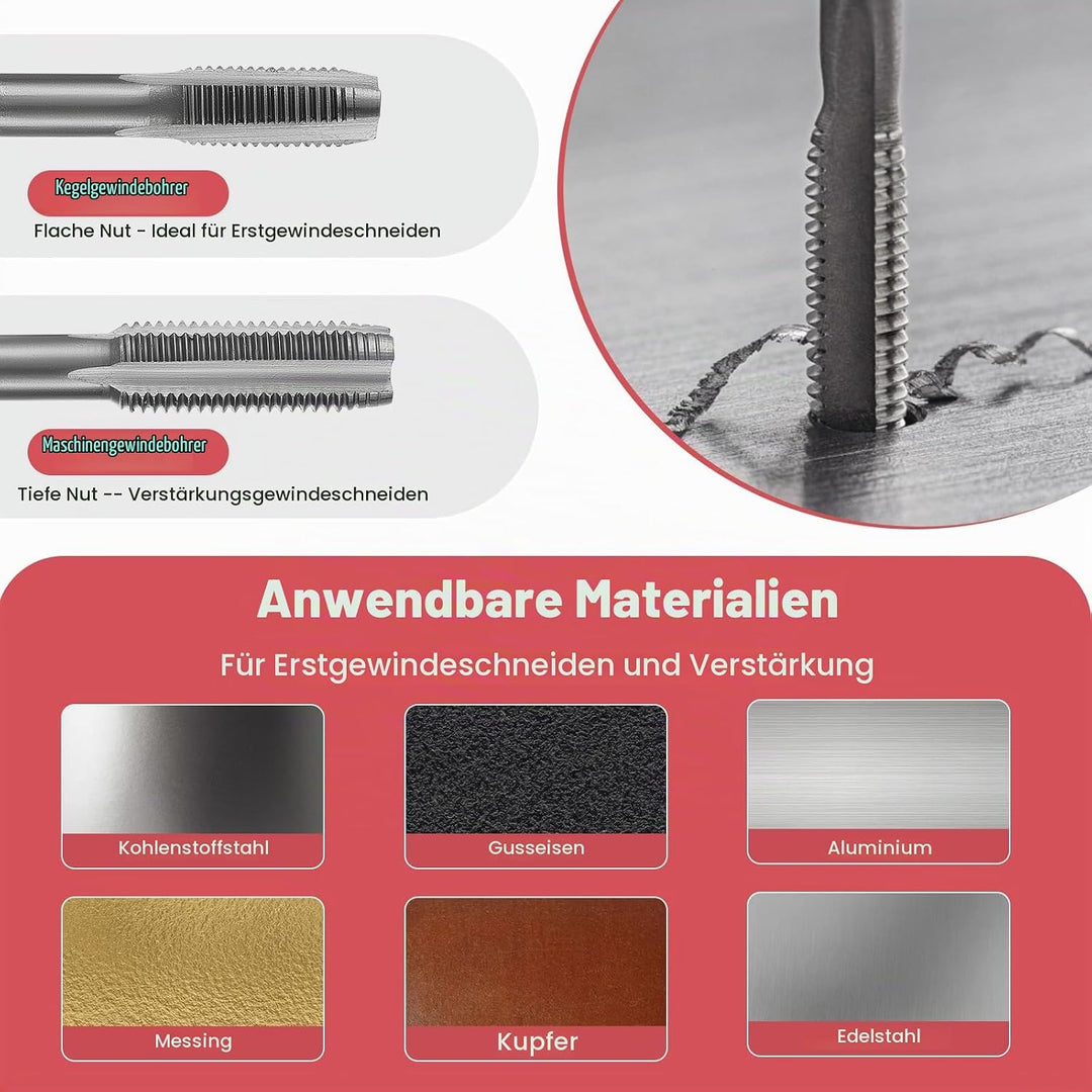 Gewindeschneider Set Metrisch M3-M12 Gewindeschneidsatz, Gewindebohrer Schneideisen Set mit Bohrer,