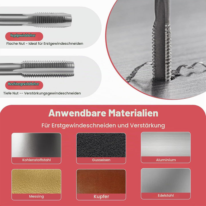 Gewindeschneider Set Metrisch M3-M12 Gewindeschneidsatz, Gewindebohrer Schneideisen Set mit Bohrer,