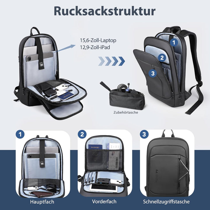 Business Rucksack Herren 15,6 Zoll, Laptop Rucksack mit USB Ladeanschluss & Laptopfach, Wasserdicht,