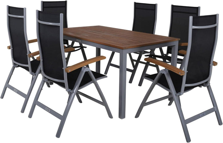 Villana Esstischgarnitur, Silber/schwarz, Alu/FSC-Akazienholz, Gartentisch 150x90cm, 6 Multiposition