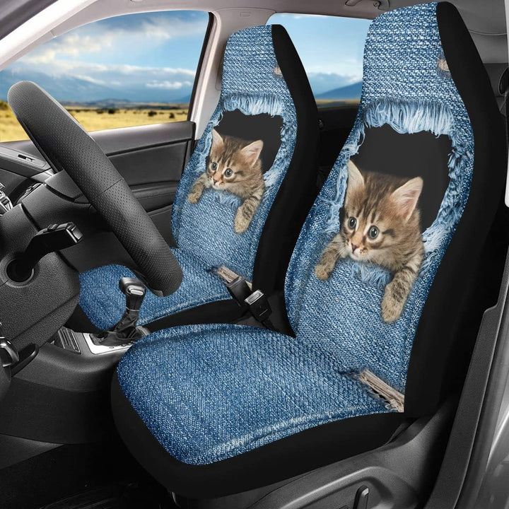 Chaqlin Cute Denim Cat Universal Autositzbezug 2er-Set Front Auto Auto Zubehör Protector Case Bag fü