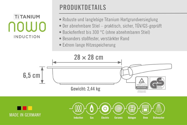 Woll Nowo Titanium Guss-Grillpfanne, viereckig, mit Rillen-Induktiv, 28 x 28 cm, 6,5 cm hoch, mit ab
