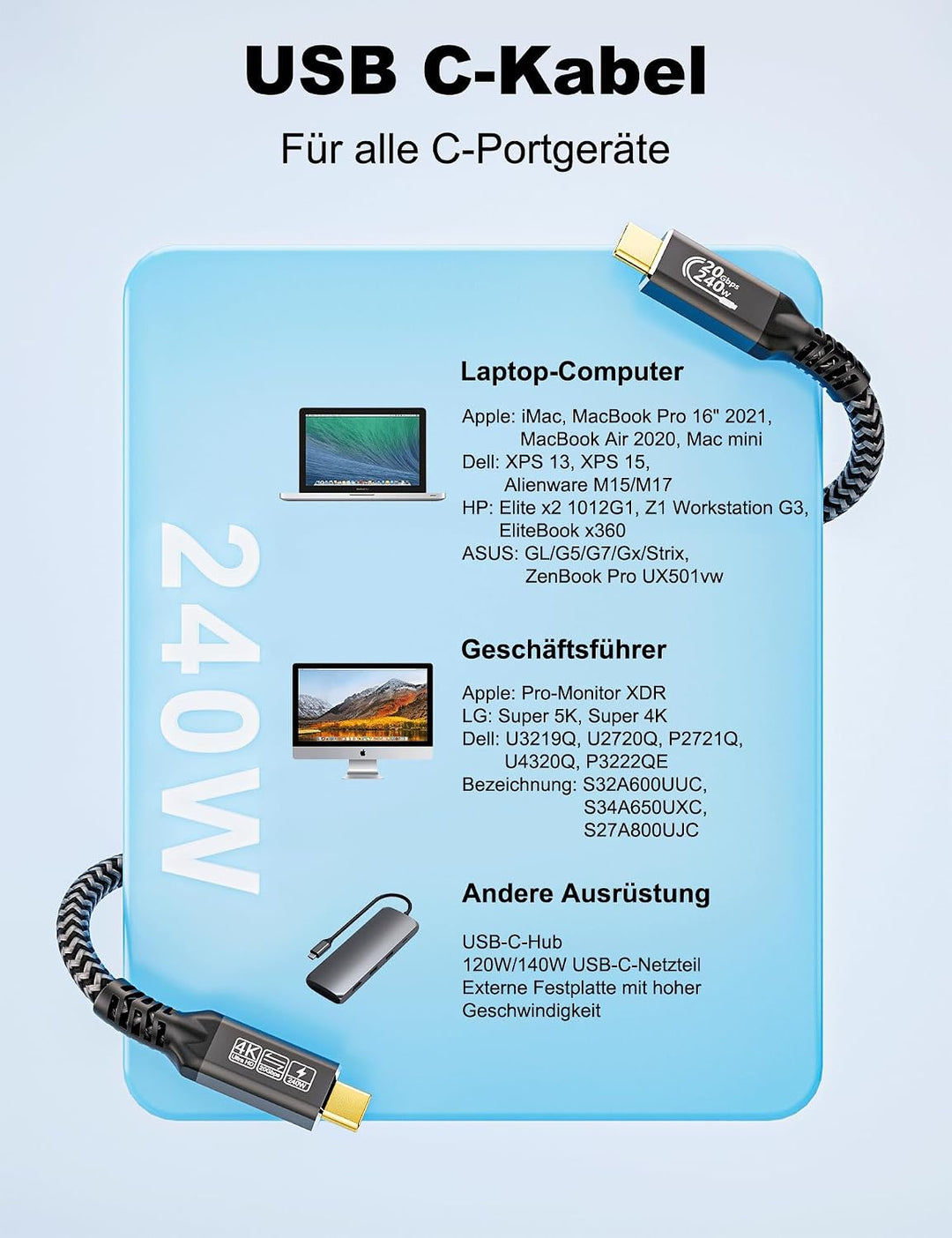 CAKOBLE usb c kabel 2m,[2 Stück 2m] usb 3.2 kabel,20 Gbps usb c datenkabel,PD 3.1 240W Schnellladeka