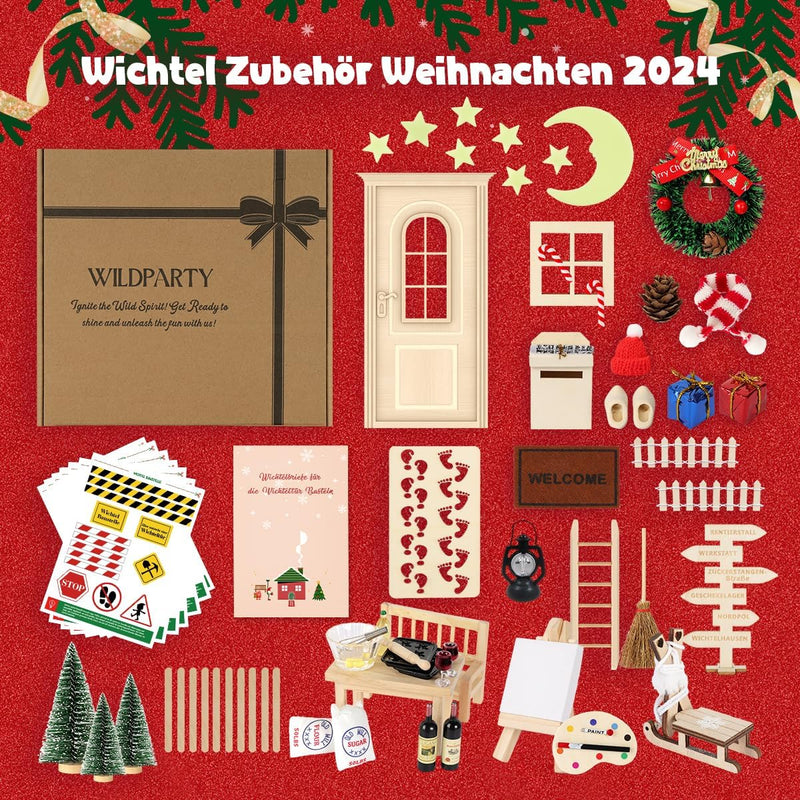 65Pcs Wichteltür mit Briefen, Wichtel Set Weihnachten Im Dunkeln Leuchten Komplettset, Elfentür Zube