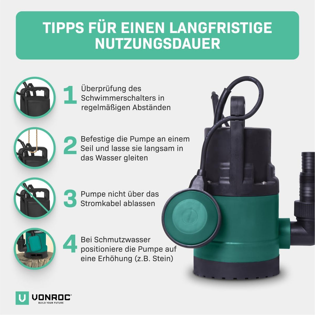 VONROC Tauchpumpe Schmutzwasserpumpe - Wasserpumpe für Schmutzwasser Keller - Flachsaugend - Gartenp
