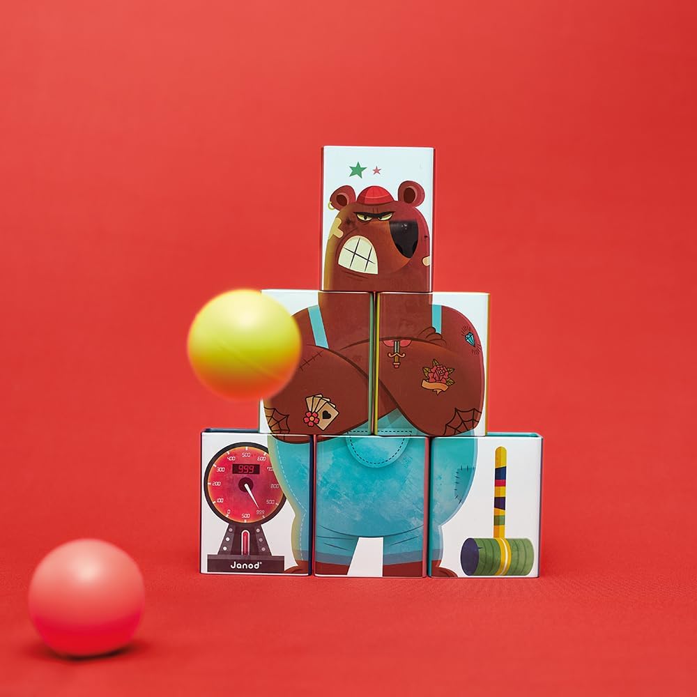 Janod - Dosenwerfen Applepop - Geschicklichkeitsspiel - 6 Metalldosen + 2 Schaumstoffbälle - Outdoor