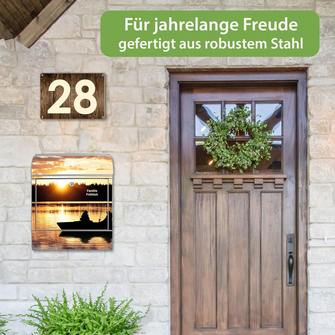 banjado® Design Briefkasten personalisiert mit Motiv Angler 39x47x14cm & 2 Schlüssel - Briefkasten S