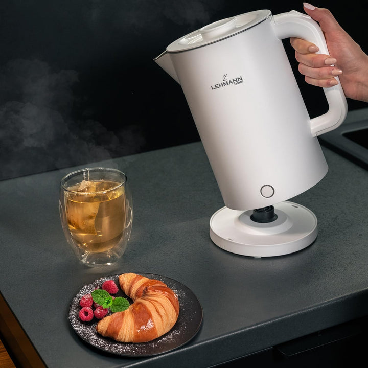 LEHMANN Elektrischer Wasserkocher Edelstahl 1,7L, 2200W, Schnelles Aufheizen, Doppelwand Design, 360