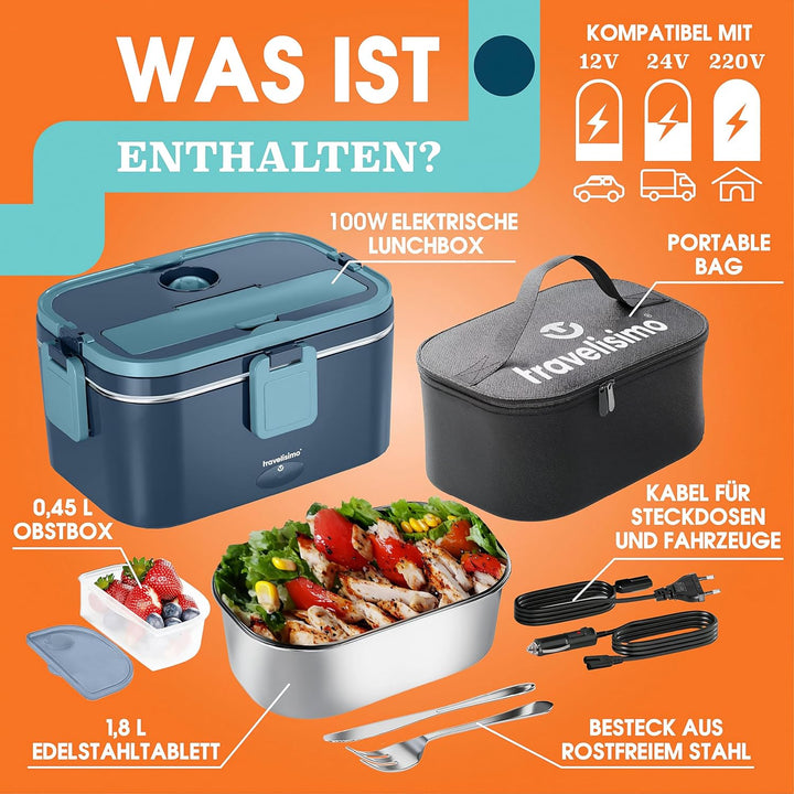 TRAVELISIMO XXL Elektrische Lunchbox Extra gross 1,8L Electric Lunch Box 80W, Warmhaltebox 3-in-1 Lu