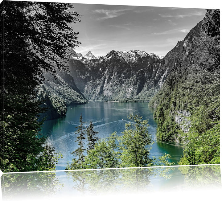 Pixxprint Blick auf den Königssee / 100x70cm Leinwandbild bespannt auf Holzrahmen/Wandbild Kunstdruc