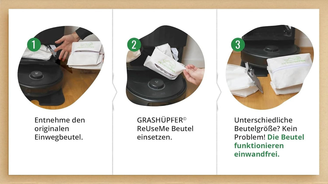 GRASHÜPFER® 3 Stück Wiederverwendbare Staubbeutel für Roborock mit Reissverschluss für S8+, S8 Pro U