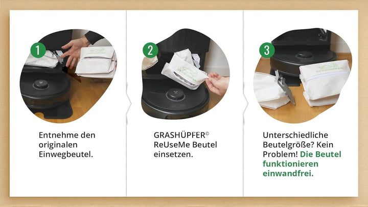 GRASHÜPFER® 3 Stück Wiederverwendbare Staubbeutel für Roborock mit Reissverschluss für S8+, S8 Pro U