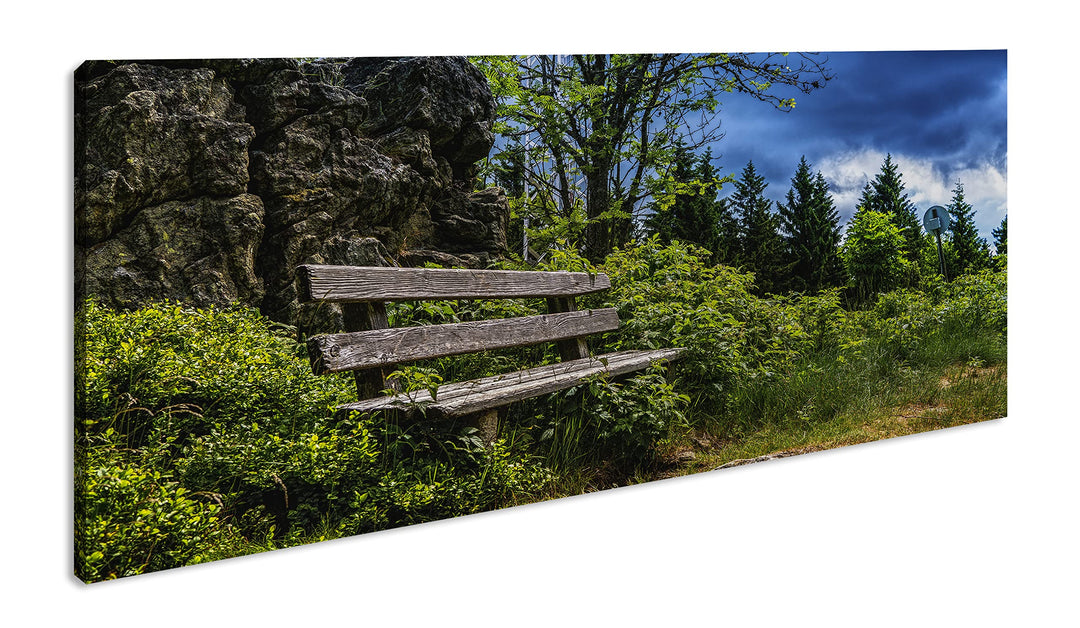 einsame Bank am Waldrand Panorama 120x60 cm als Leinwandbild, Motiv fertig gerahmt auf Echtholzrahme